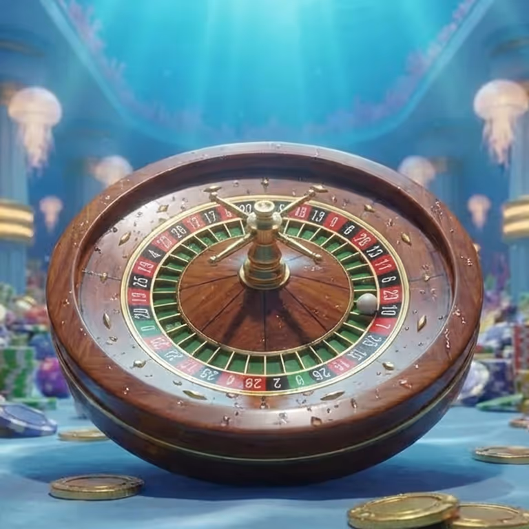 Classic wooden roulette wheel with water droplets and gold coins at Lodur Casino